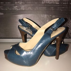 Guess Heels - Blue Leather with Wooden Heel